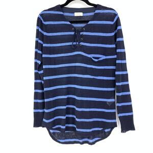Wrap Top Women's Size US 8 Lace Up Striped Long Sleeve Linen Blue